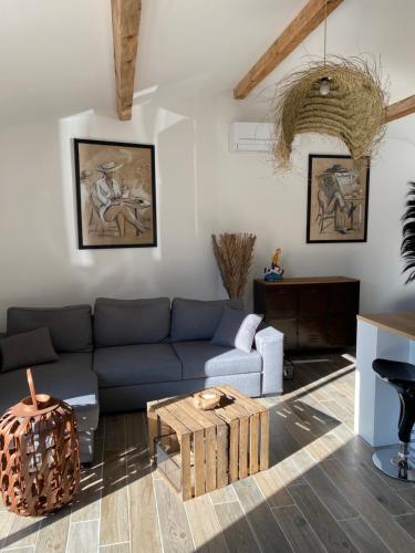 昂苏伊Petit nid douillet en Luberon avec spa的客厅配有蓝色的沙发和桌子