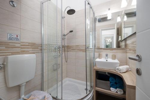 里耶卡Naval apartment的带淋浴、卫生间和盥洗盆的浴室