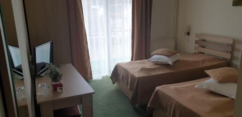 布什泰尼Pensiunea Confort的酒店客房设有两张床和电视。