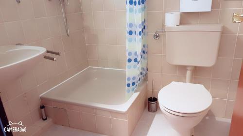 格洛米茨Deichkrone App 12的浴室配有卫生间、盥洗盆和淋浴。