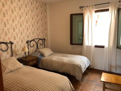 克鲁兹·德·特赫达VV El Almendro的一间卧室设有两张床,窗户配有窗帘
