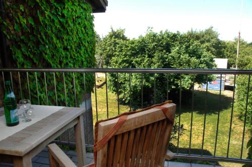 Neu KlockenhagenFerienwohnung "Rostock"的阳台配有桌子,享有庭院的景色