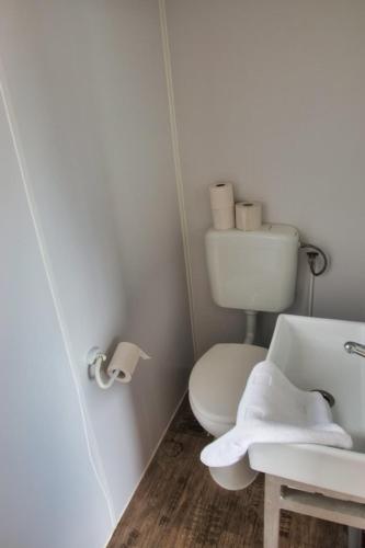 吕贝克Finnenhaus 3的白色的浴室设有卫生间和水槽。