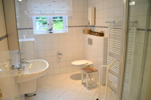 威克奥夫弗尔Am Maisfeld Ferienhaus的浴室配有卫生间、盥洗盆和淋浴。