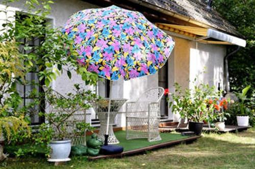霍佩加尔滕Eden 1 Zimmer Appartment的一个带遮阳伞和椅子的庭院,以及一些植物