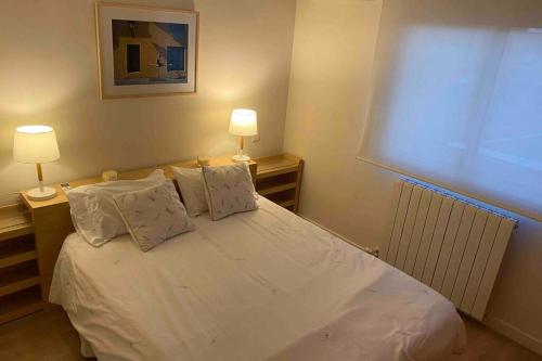萨拉戈萨apartamento centro historico Zaragoza的一间卧室配有一张带两盏灯的床和一扇窗户。