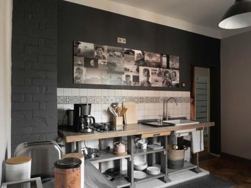 索内贝格" Fernweh "的厨房配有水槽和墙上照片的台面。