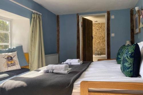 Buckland DinhamThe Explorers Rest - Cottage - Frome的卧室设有两张床铺和蓝色的墙壁