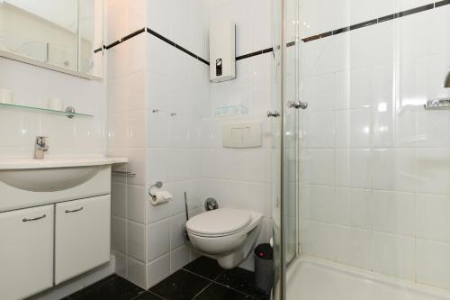 威克奥夫弗尔Haus Oland Whg 15的浴室配有卫生间、盥洗盆和淋浴。
