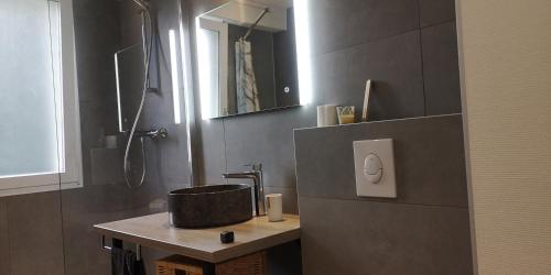 圣阿沃尔德Moderne et paisible studio avec balcon的一间带水槽和淋浴的浴室