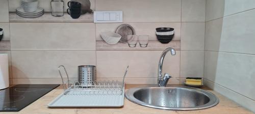 贝尔格莱德OLIVERA APARTMENT的厨房水槽,水槽旁边装有变压器