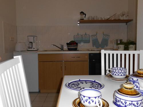 马尔洛Ferienwohnung "Im Pfarrhaus Marlow"的厨房配有蓝白菜肴