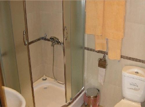 萨莫科夫卡斯特尔酒店的带淋浴、卫生间和盥洗盆的浴室