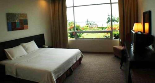 新山海景大酒店的酒店客房设有床和窗户。
