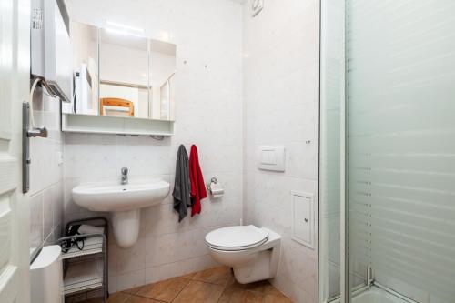 高尔维茨Ostsee-Schwänchen I的浴室配有卫生间、盥洗盆和淋浴。