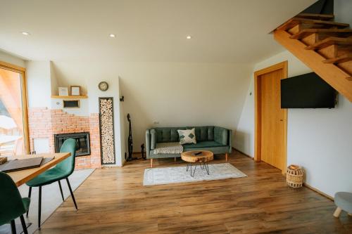 BorsaLivada 45的客厅设有绿色沙发和壁炉