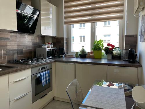 华沙Apartament Koszykowa Latwiec的厨房配有白色橱柜和炉灶烤箱。
