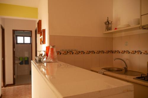 圣玛丽亚Misturod - Holiday Apartments的厨房配有台面和水槽