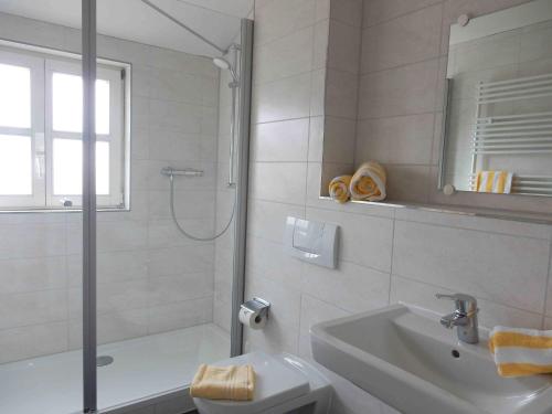 KreptitzFerienparadies Rugana D07的带淋浴、盥洗盆和卫生间的浴室