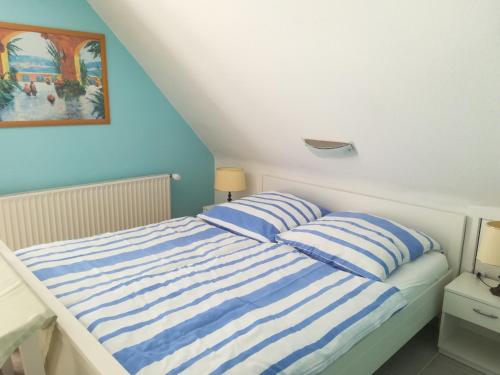 格罗森布罗德Ferienwohnung Schmetterling II的一张带两个蓝色和白色条纹枕头的床