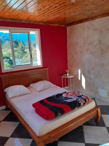 锡拉奥La perle des montagnes的红色墙壁的房间里一张床位