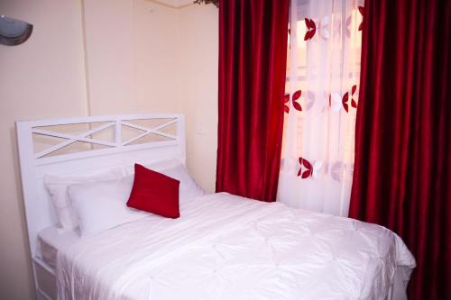 基苏木Tom Mboya Estate - Fast WI-FI, Netflix and Parking 1Br Apartment in Kisumu Town的卧室配有白色的床和红色窗帘