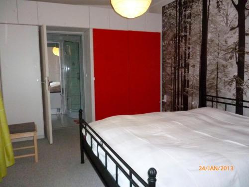 伦茨堡Ferienwohnung Tietgen的一间卧室配有一张红色墙壁的床
