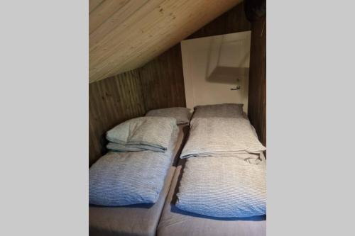 SæbøGarasjeleilighet med kort vei til flott natur, Måndalen, Rauma的木天花板的客房内设有三张床