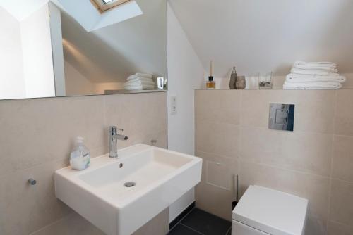 海利根港Ostsee - Appartement Nr 21 "Hexennest" im Strand Resort的白色的浴室设有水槽和卫生间。