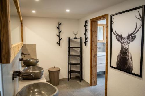 伦山前比绍夫斯海姆Haflinger Alm的浴室设有两个水槽,墙上挂着鹿的照片
