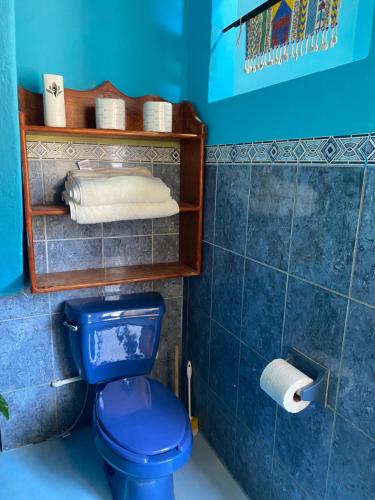 萨尤利塔Departamento Chepe的蓝色的浴室设有蓝色的卫生间和毛巾。