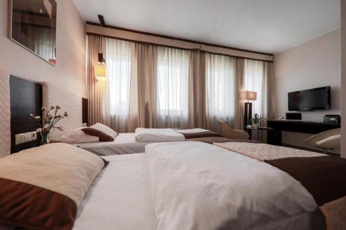 罗兹Hotel Borowiecki的酒店客房设有两张床和电视。