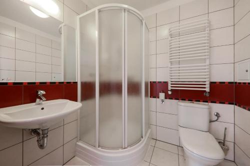 罗兹Hotel Borowiecki的带淋浴、卫生间和盥洗盆的浴室