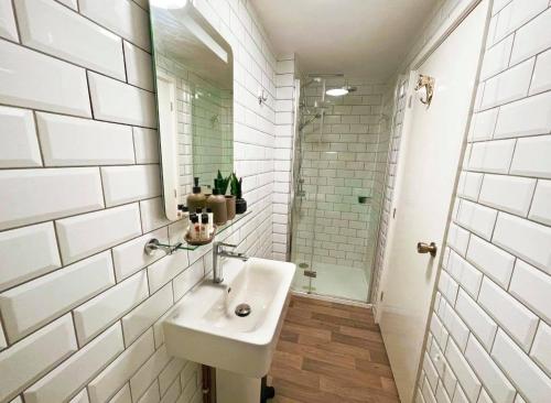 伊利The High Flyer的白色的浴室设有水槽和淋浴。