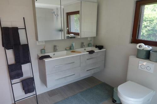 布鲁日Lien's Cottage的一间带水槽、卫生间和镜子的浴室