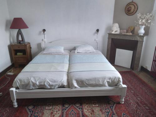 佩里格chambre d'hôte dans maison privée的一间卧室配有一张带两个枕头的床和一个壁炉