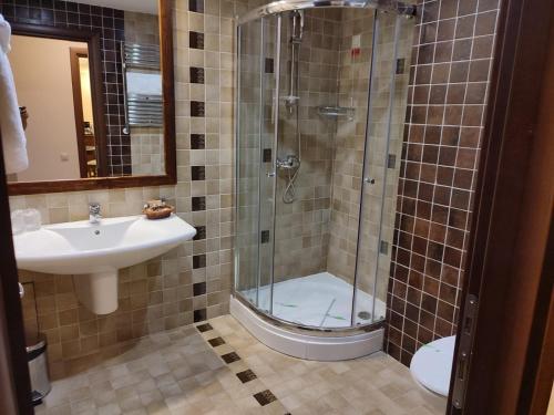波亚纳布拉索夫Poiana Brasov Alpin Resort Hotel Aparthotel 2204, private property的带淋浴和盥洗盆的浴室