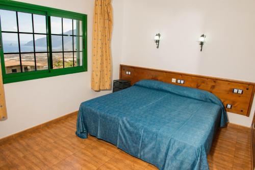弗龙特拉Apartamentos la Palmera的一间卧室设有蓝色的床和窗户。