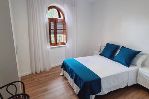 比拉法梅斯Casa Pedra de Roder的一间卧室配有一张带蓝色枕头的床和一扇窗户。