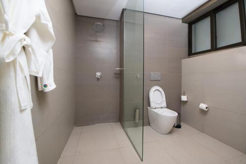SalimaSunbird Waterfront的一间带卫生间和玻璃淋浴间的浴室
