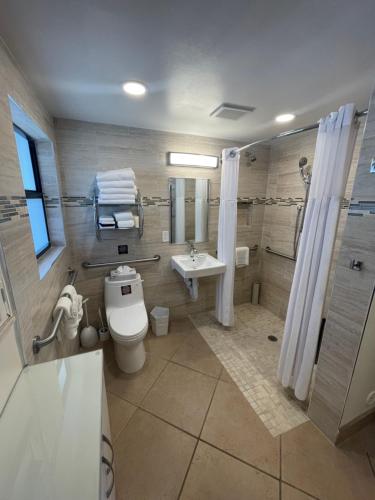 劳德代尔堡High Noon Beach Resort的浴室配有卫生间、盥洗盆和淋浴。