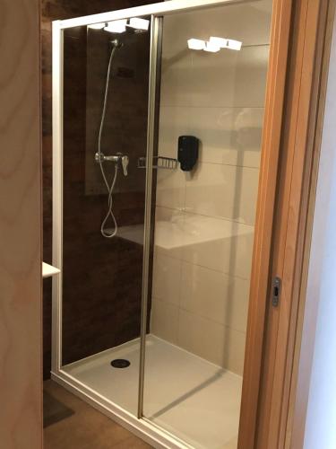洛斯阿尔科斯阿尔科斯别墅酒店的浴室里设有玻璃门淋浴