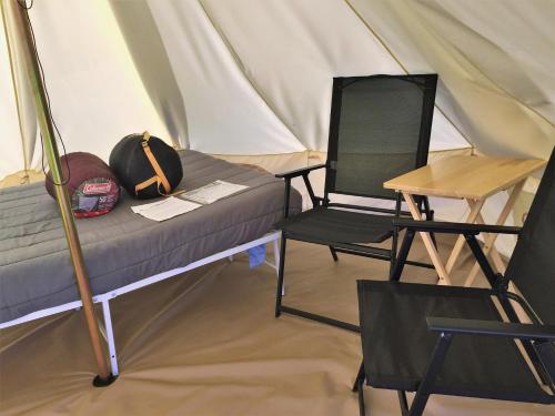 胡尔伯克Starlight Tent 1的帐篷内的一张床和一把椅子