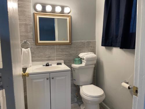 多佛尔Superlodge的一间带卫生间、水槽和镜子的浴室