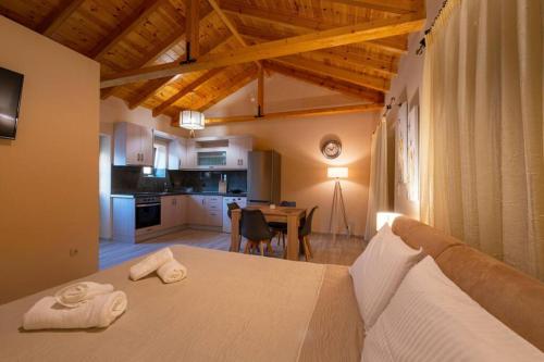 斯陶帕Villas Chrysanthi的一间带大床的卧室和一间厨房