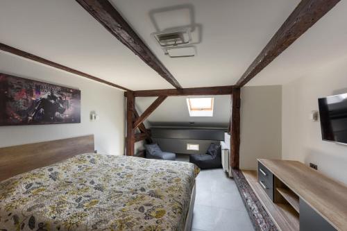 切尔诺夫策Apart Hotel Fusion的卧室配有一张床,墙上配有电视。