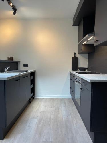 根特Unique luxury apartment with cosy garden!的厨房配有黑色橱柜和木地板