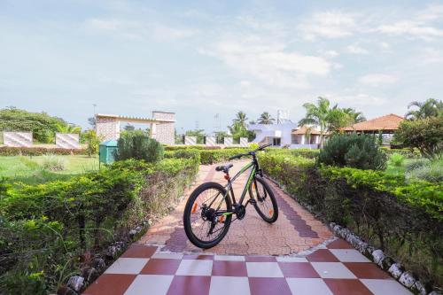 迈索尔Brindavan Garden Resort & Spa的一辆自行车停在一个经过检查的路边