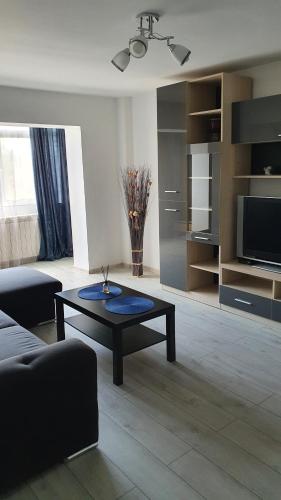 特尔戈维什泰Apartament modern Târgoviște în regim hotelier的客厅配有咖啡桌和电视