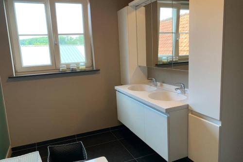 KruisemDuplex Appartement Nokeredorp - Vlaamse Ardennen的浴室设有2个水槽和镜子